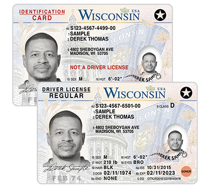 A sample WI state ID and a sample WI driver license overlapping